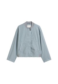 Light blue bomber jacket with long sleeves, front button closure, two side pockets, and gray accents on the collar and cuffs. Soft fabric texture.