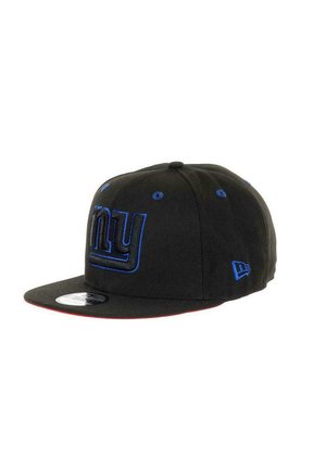 Black cap made of fabric with a flat brim. Features blue embroidered logo "NY" on the front and red underbrim accent. Six ventilation holes.