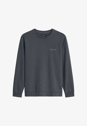 Dunkelgraues Sweatshirt mit Rundhalsausschnitt und langen Ärmeln, mit gerippten Bündchen und Saum, versehen mit kleinem weißem "Marc O'Polo"-Logo auf der linken Brust.