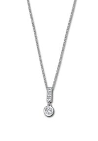 Collier en argent avec une chaîne comportant un petit charme rond et un accent rectangulaire, tous deux ornés de pierres claires étincelantes.