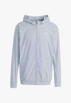 Veste zippée gris clair avec capuche, dotée de lignes d'accent en vert fluo, de panneaux en maille texturée et de poignets et ourlet élastiques.