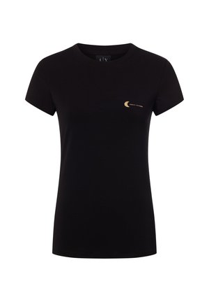 Black short-sleeve t-shirt made of cotton, featuring a small gold logo on the left chest area and a classic crew neckline.
