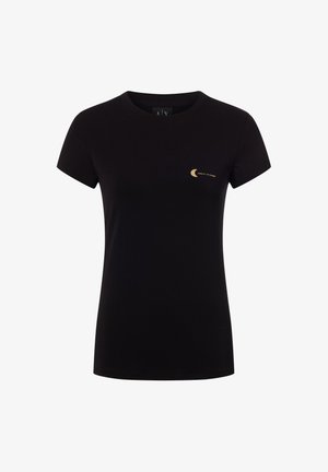 Schwarzes Kurzarm-T-Shirt aus Baumwolle mit einem kleinen goldenen Logo auf der linken Brustseite und einem klassischen Rundhalsausschnitt.