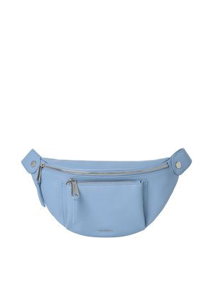 Jasnoniebieska skórzana nerka z dwoma komorami zamykanymi na zamek oraz regulowanym paskiem z zatrzaskami.