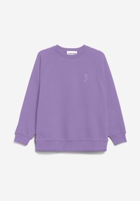 Sudadera púrpura con escote redondeado, puños y dobladillo acanalados. Presenta un diseño bordado en el pecho. Material de algodón suave con una textura lisa.