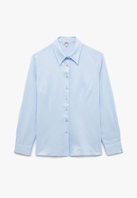 Light blue long-sleeve button-up shirt with a pointed collar, seven buttons down the front, and side seams for a tailored fit.