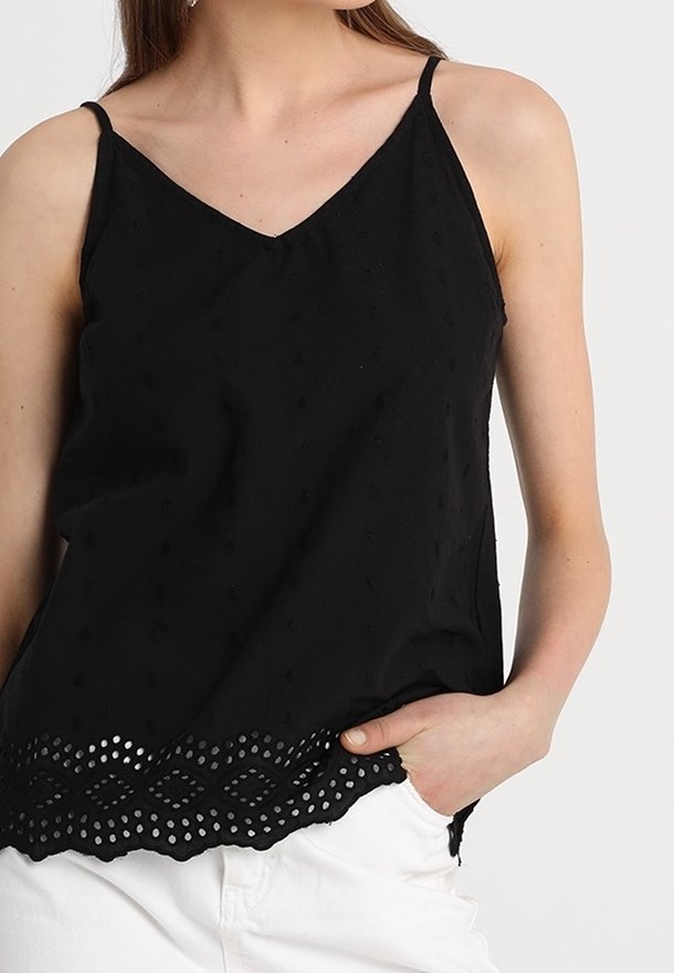 Black sleeveless top with a V-neck, featuring textured fabric and a decorative lace trim at the hem with circular cut-outs.