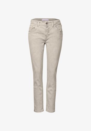 Jeans in denim beige con vestibilità slim, caratterizzati da cinque tasche, chiusura con bottone e una leggera sbiaditura su una texture liscia.