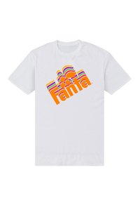 Witte katoenen t-shirt met een kleurrijk "Fanta" logo, voorzien van oranje tekst en meerkleurige golfpatronen erboven. Korte mouwen, standaard pasvorm.