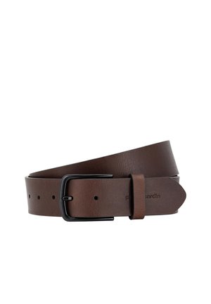 Brauner Ledergürtel mit schwarzer Metallschnalle, mehreren Einstelllöchern und dezentem, geprägtem Markenlogo am Gürtelende.