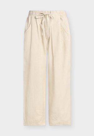 Μπεζ φαρδιά παντελόνια με ελαστική μέση, ρυθμιζόμενο κορδόνι και πλαϊνές τσέπες, παρουσιάζονται σε απλό φόντο.
