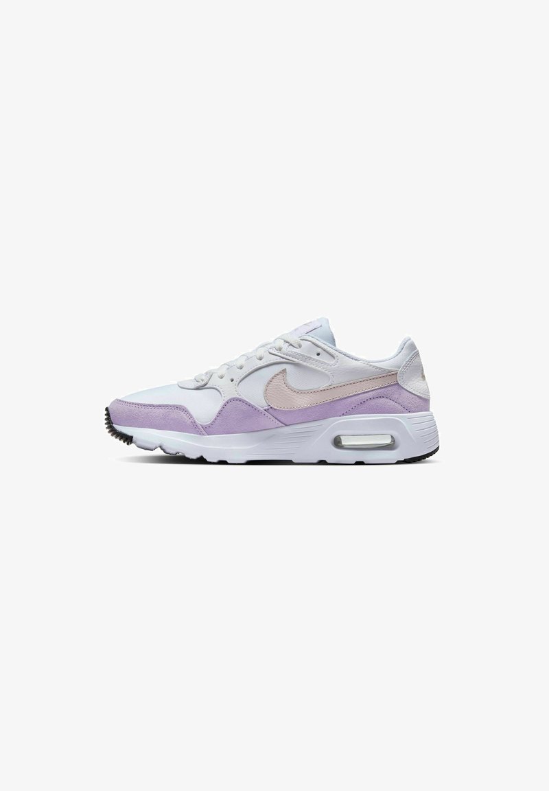 Sneaker Nike con una toma superiore in rete bianca, dettagli in morbida suede lavanda, un'unità Air visibile e una suola in gomma nera.