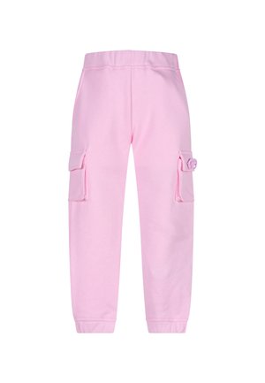 Pantaloni felpati rosa in cotone con una vestibilità rilassata, vita elastica e due tasche cargo laterali, caratterizzati da una texture liscia e orli manica.