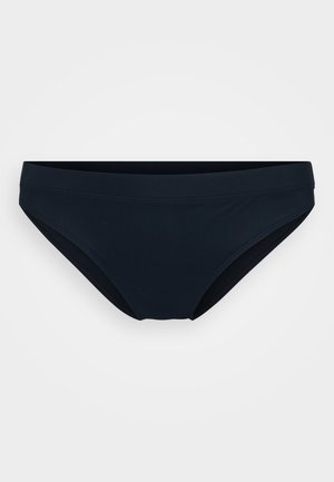 Parte de baixo de bikini preta com uma textura suave, design de cintura baixa e detalhes de costura sutis. Cor sólida sem padrões ou acentos visíveis.