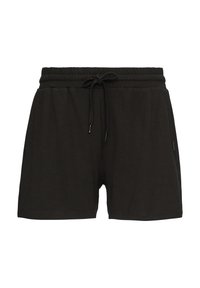 Shorts noirs en tissu doux, dotés d'une taille élastique, d'un cordon de serrage réglable et de poches latérales. Design simple sans motifs.