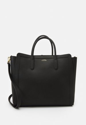 Large black leather tote bag with dual handles, a detachable shoulder strap, and small gold Lauren Ralph Lauren logo on front.