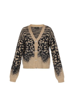 Beżowy kardigan z czarnym wzorem w zwierzęce motywy, z dekoltem w kształcie litery V, długimi rękawami i czterema dekoracyjnymi srebrnymi guzikami z przodu.