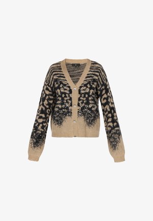 Beżowy kardigan z czarnym wzorem w zwierzęce motywy, z dekoltem w kształcie litery V, długimi rękawami i czterema dekoracyjnymi srebrnymi guzikami z przodu.
