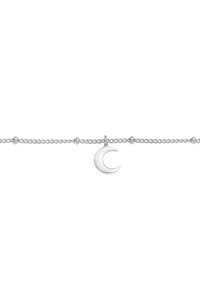 Silver bracelet with a chain design, featuring a crescent moon charm and smooth surface. Bead accents evenly spaced along the chain.