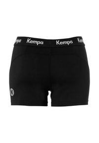 Shorts d'athlétisme noirs et moulants avec une ceinture élastique à logo affichant "Kempa" et un petit logo sur la cuisse gauche.