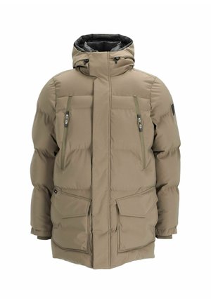Gepolsterte Parka in Hellbraun mit Kapuze, zwei Brusttaschen mit Reißverschluss und zwei vorderen Klappentaschen. Hat eine glatte Textur und elastische Bündchen.