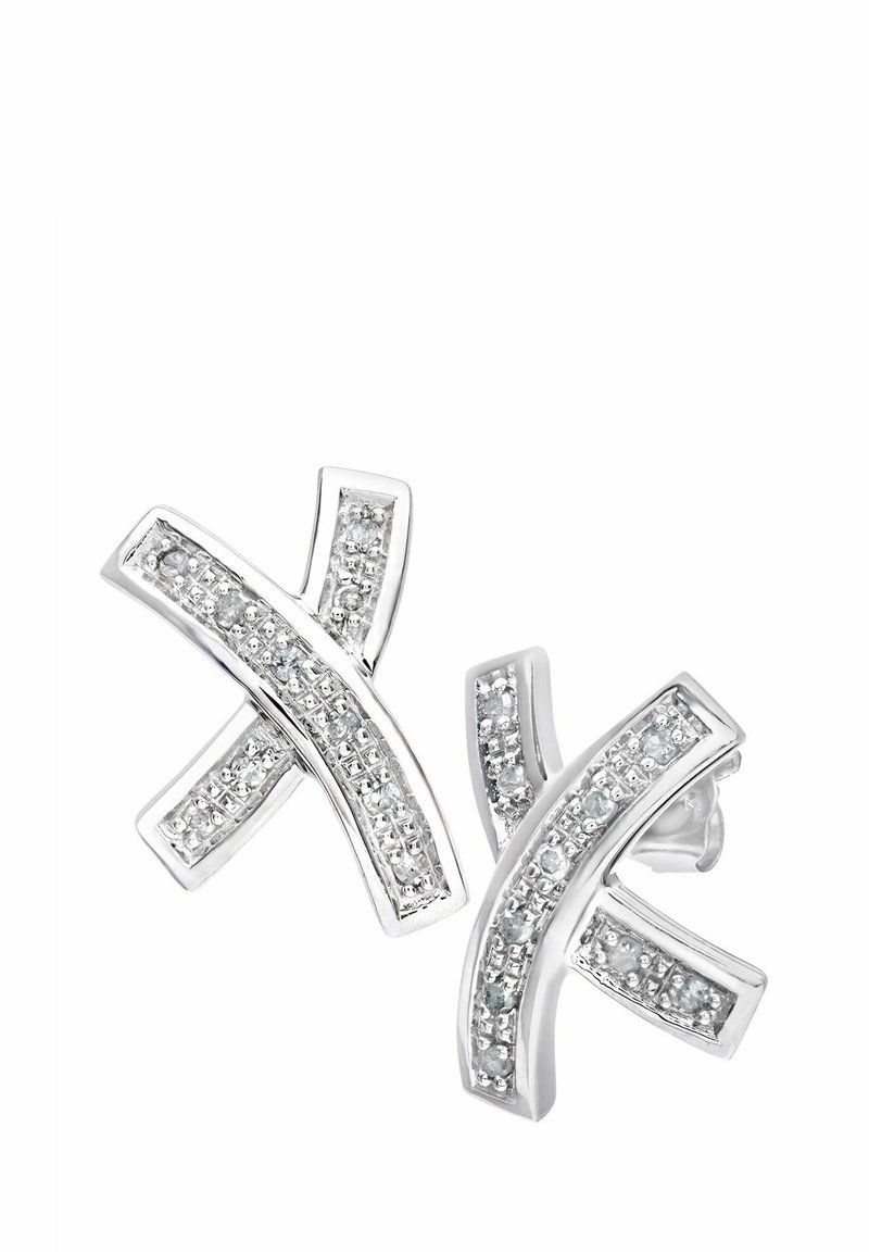 Uhani srebrne barve z ukrivljenim, prekrivajočim se dizajnom, okrašeni s čistimi kristalčki v teksturirani nastavitvi.