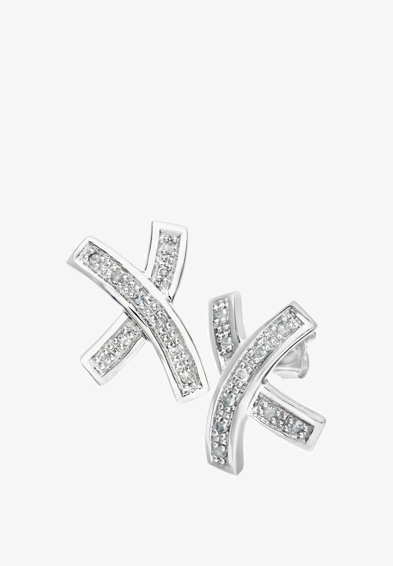 Uhani srebrne barve z ukrivljenim, prekrivajočim se dizajnom, okrašeni s čistimi kristalčki v teksturirani nastavitvi.