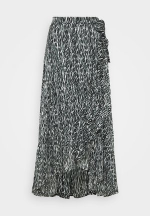 Langer Wickelrock mit schwarz-weißem Animal-Print und Rüschen-Details an einer Seite, auf schlichtem Hintergrund dargestellt.