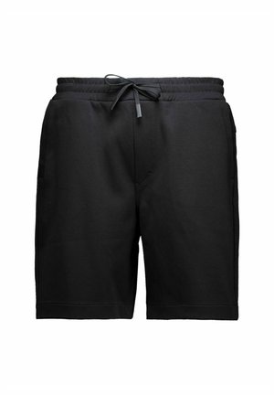 Pantaloncini neri casual con vita elastica e coulisse, dotati di tasche laterali, mostrati su sfondo bianco semplice.