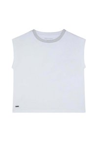 White sleeveless t-shirt with a metallic silver collar trim and a small logo accent on the bottom left side. Smooth cotton fabric.