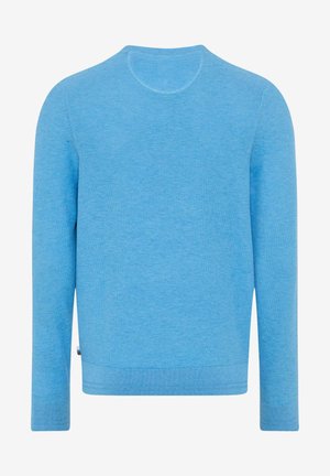 Hellblauer Pullover mit Rundhalsausschnitt und langen Ärmeln, feiner Strickstruktur sowie gerippten Bündchen und Saum.
