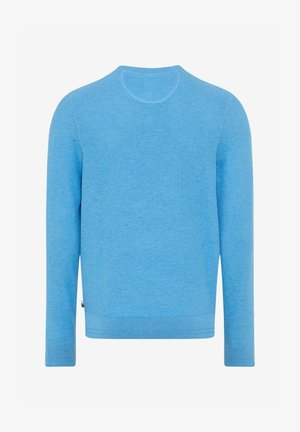 Hellblauer Pullover mit Rundhalsausschnitt und langen Ärmeln, feiner Strickstruktur sowie gerippten Bündchen und Saum.