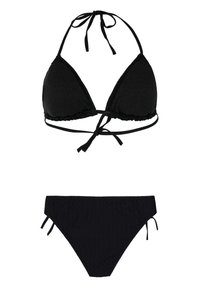 Zwarte bikini set met een driehoekstop met strikbandjes en een geschulpte rand, gecombineerd met laag uitgesneden broekjes met verstelbare zijknoopjes.