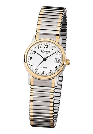 Montre analogique avec cadran blanc, chiffres noirs, lunette en or et bracelet métallique extensible bi-tons argent et or, affichant 10:10:35.