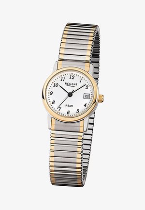 Montre analogique avec cadran blanc, chiffres noirs, lunette en or et bracelet métallique extensible bi-tons argent et or, affichant 10:10:35.