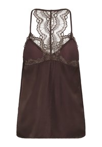 Braunes Camisole mit Spitzenbesatz, verstellbaren Trägern und fließendem Design, das aufwändige Spitze am Rücken und einen weichen, glatten Stoff bietet.