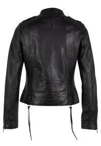 Veste en cuir noir avec une coupe ajustée, col montant et détails de coutures ponctuées dans le dos. Poignets zippés avec cordons de serrage.