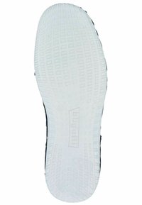 Schuhsohle, Gummimaterial, weiße Farbe, texturiert mit einem Rautenmuster, ausgestattet mit einem Logo und Größendetails. Ränder leicht abgerundet.