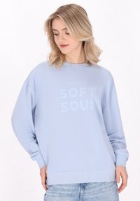 Felpa azzurra chiara con scollatura rotonda, spalle basse e una grafica testuale frontale che recita "Possiedo un'anima SOFT."