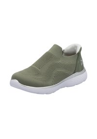 Groene instapsneaker met een mesh bovenwerk dat een textuurdesign heeft, een elastische kraag en een witte rubberen zool voor grip en flexibiliteit.