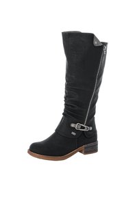 Black knee-high boot made of leather with a slouchy design. Features a side zipper, metal buckle accent, and textured upper. Brown heel.