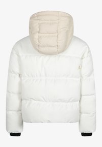 White puffer jacket with a cream quilted hood, horizontal stitching, and black cuffs. Features a small logo on the upper back.