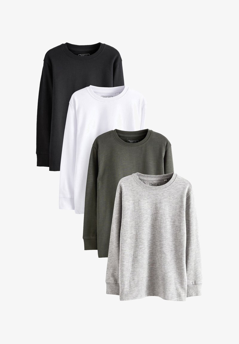 Fire lange ærmede sweatshirts stablet lodret: sort, hvid, olivengrøn og grå. Lavet af blødt stof med ribbede halsudskæringer og manchetter.