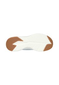 Suela de goma con diseño texturizado, que presenta una base blanca y un patrón de tracción marrón. Estructura flexible para agarre y comodidad.