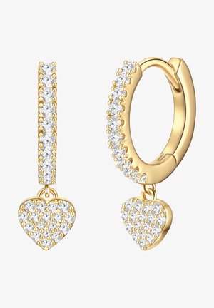 Guldtonede øreringe med et hoops design, prydet med et hjertecharme og en drop ørering med et hjerte, begge besat med klare krystaller.