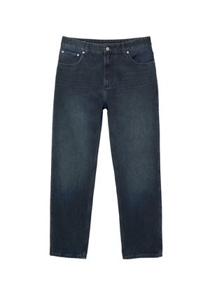 Dunkelblaue gerade geschnittene Denim-Jeans mit Frontknopf, Reißverschluss und klassischem Five-Pocket-Design.