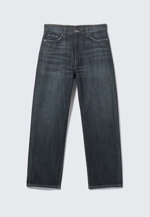 Dark blue denim jeans with a straight-leg design, featuring five pockets, a button front, and subtle fading on the fabric.