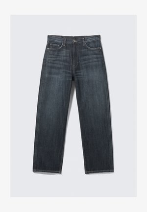 Dark blue denim jeans with a straight-leg design, featuring five pockets, a button front, and subtle fading on the fabric.