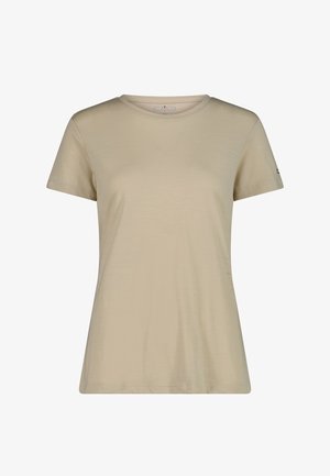 T-shirt beige pour femme à manches courtes, col rond, design uni et petite étiquette logo sur la manche gauche.