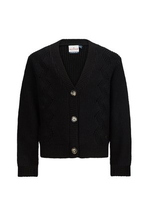 Zwarte gebreide cardigan met V-hals, kabelbreipatroon, geribbelde manchetten en zoom, en drie grote knopen aan de voorkant.